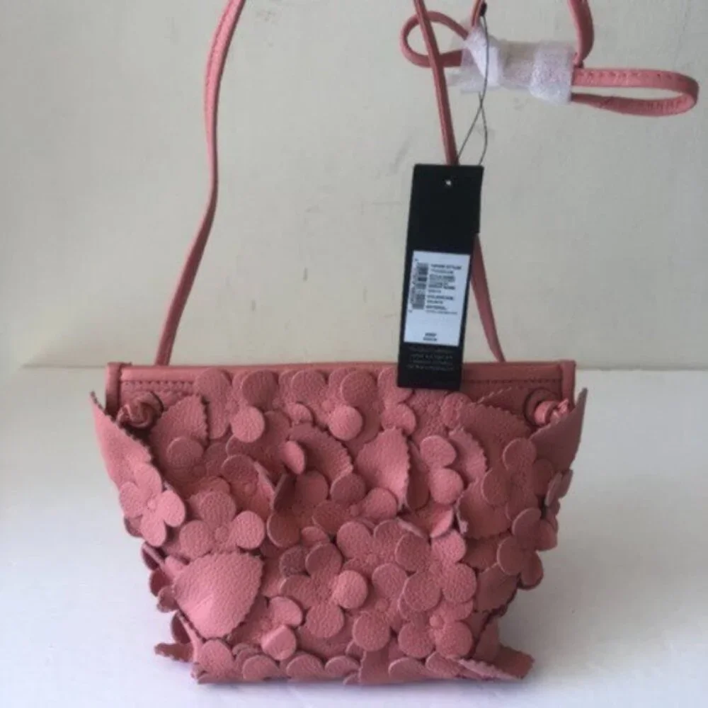 T Tahari 3D Greta Leather Flowers Appliques Pink Crossbody Handbag
